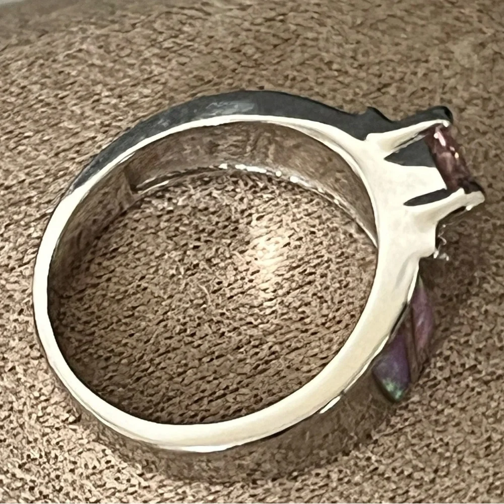 TRILLION-CUT SHIMMERY PINK OPAL-ACCENT PRE-LOVED AUTHENTIC BRASS-PLATED RING